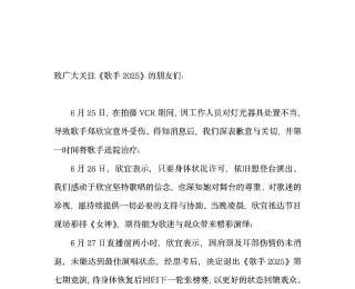 郑欣宜退出《歌手2025》，直播两天前因灯光装置意外受伤，称肩颈及耳部伤势尚未消退