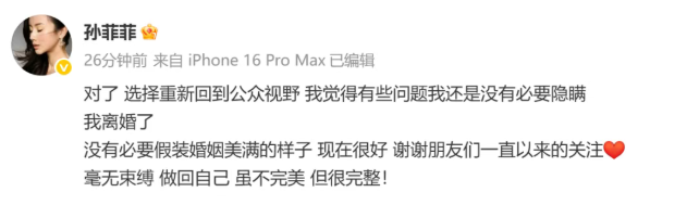 孙菲菲官宣离婚：没有必要假装婚姻美满的样子