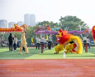 壮观！武汉工商学院运动会上300余名学生共同演绎舞龙舞狮